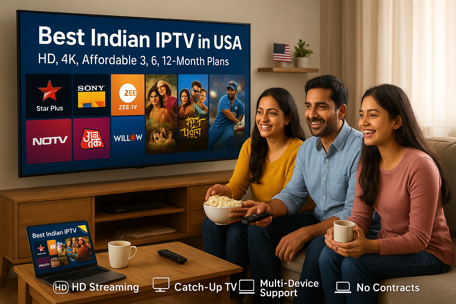 A smiling South Asian family sits on a cozy couch in a modern American living room, watching a large smart TV displaying an Indian IPTV interface with popular channel logos like Star Plus, Sony TV, Zee TV, Colors TV, NDTV, Aaj Tak, and Willow Cricket, alongside Bollywood movie posters and cricket visuals. A laptop on the coffee table shows the same IPTV service, with a remote, steaming cup of chai, and popcorn nearby. Text overlay reads “Best Indian IPTV in USA – HD, 4K, Affordable 3, 6, 12-Month Plans” with icons for HD Streaming, Catch-Up TV, Multi-Device Support, and No Contracts.